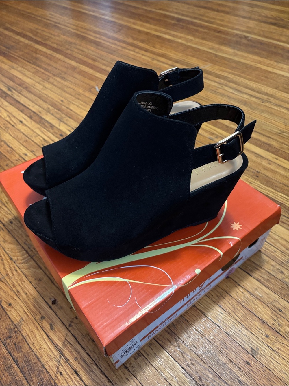 Rouge! Black Open-Toe Wedge Sandals with Ankle Buckle
